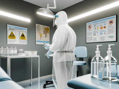 Enfermeiro em sala de exames moderna usando EPIs, com cartazes de biossegurança ao fundo.