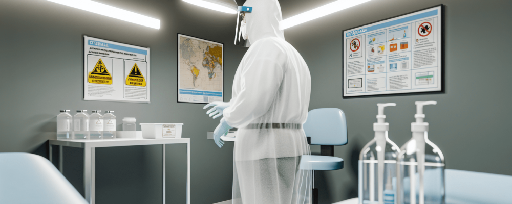 Enfermeiro em sala de exames moderna usando EPIs, com cartazes de biossegurança ao fundo.