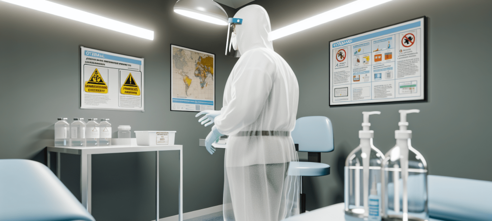 biosseguranca-saude-procedimentos-epis.webp Enfermeiro em sala de exames moderna usando EPIs, com cartazes de biossegurança ao fundo.