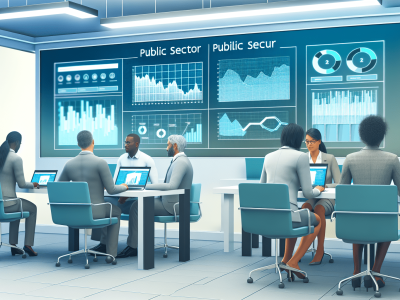 Gestores públicos em escritório moderno analisando dados em dashboards de business intelligence com laptops, promovendo eficiência e inovação.