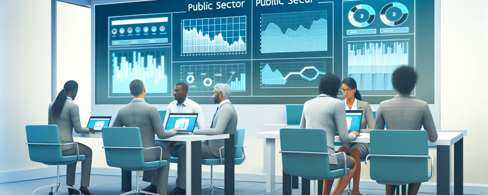 Gestores públicos em escritório moderno analisando dados em dashboards de business intelligence com laptops, promovendo eficiência e inovação.