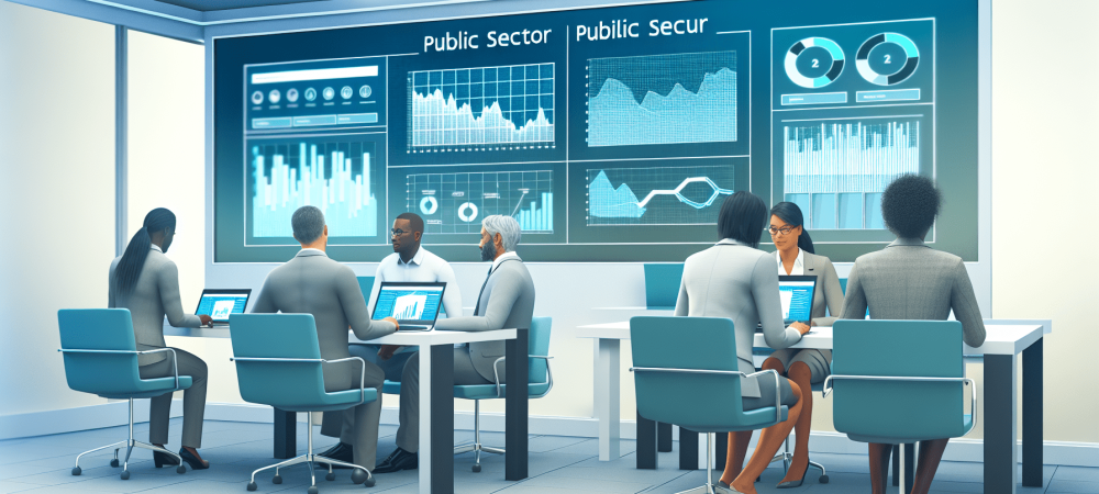 business-intelligence-dashboard-publicos.webp Gestores públicos em escritório moderno analisando dados em dashboards de business intelligence com laptops, promovendo eficiência e inovação.