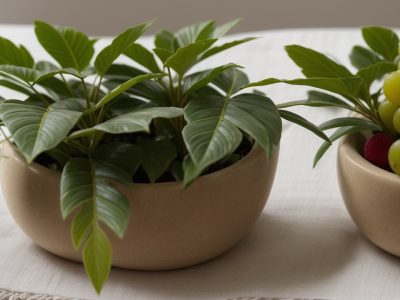 Mesa de café da manhã decorada com frutas frescas e aparelho de pressão digital, simbolizando um estilo de vida saudável.