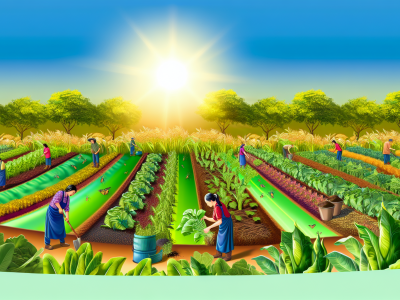 Campo agrícola vibrante com diversas culturas, compostagem e rotação de culturas sob o sol radiante.