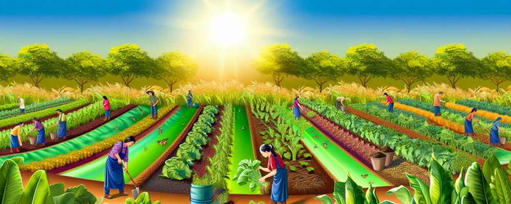 Campo agrícola vibrante com diversas culturas, compostagem e rotação de culturas sob o sol radiante.