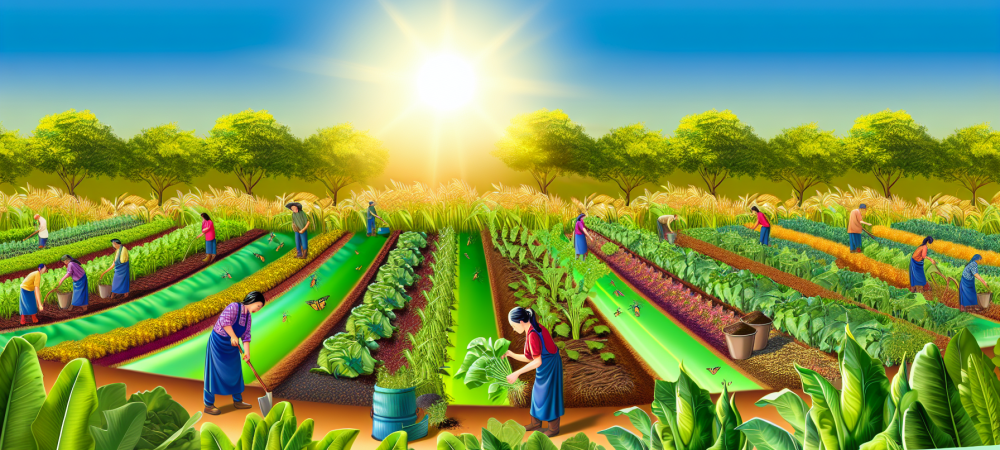 Campo agrícola vibrante com diversas culturas, compostagem e rotação de culturas sob o sol radiante.