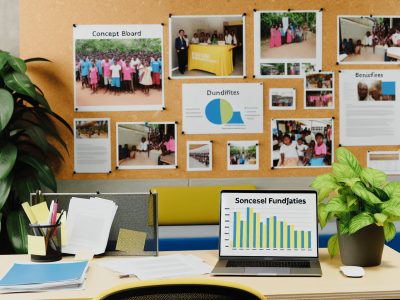 Mesa de trabalho em ONG com laptop mostrando gráficos de captação de recursos, documentos e mural de ideias.