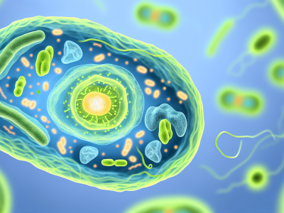 Ilustração detalhada de uma célula em fundo azul, mostrando núcleos celulares iluminados, mitocôndrias e ribossomos, com membrana plasmática vibrante.