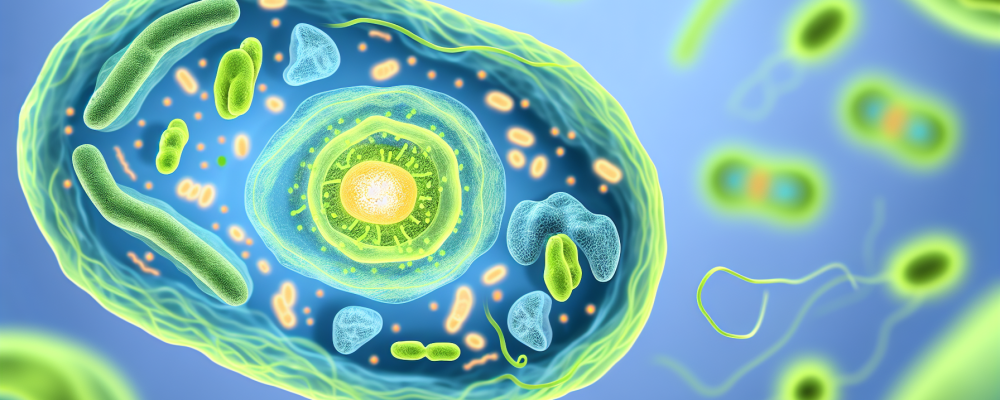 Ilustração detalhada de uma célula em fundo azul, mostrando núcleos celulares iluminados, mitocôndrias e ribossomos, com membrana plasmática vibrante.