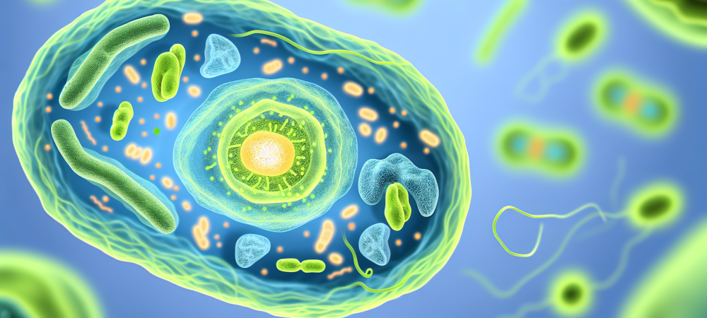 Ilustração detalhada de uma célula em fundo azul, mostrando núcleos celulares iluminados, mitocôndrias e ribossomos, com membrana plasmática vibrante.