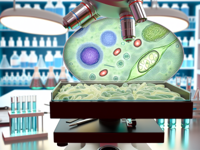 Representação detalhada de células humanas focando em organelas como núcleo e mitocôndrias, em laboratório moderno com luzes brilhantes.