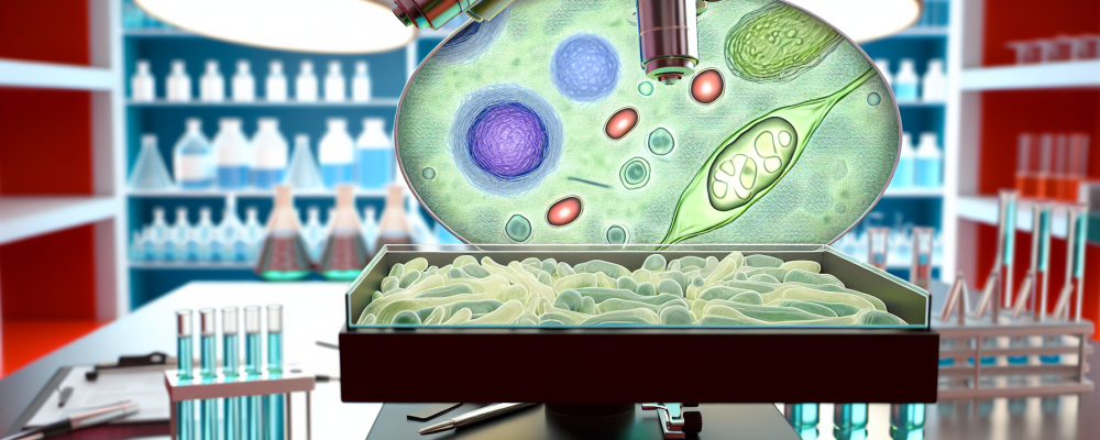 Representação detalhada de células humanas focando em organelas como núcleo e mitocôndrias, em laboratório moderno com luzes brilhantes.