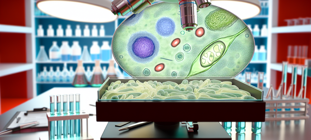 Representação detalhada de células humanas focando em organelas como núcleo e mitocôndrias, em laboratório moderno com luzes brilhantes.