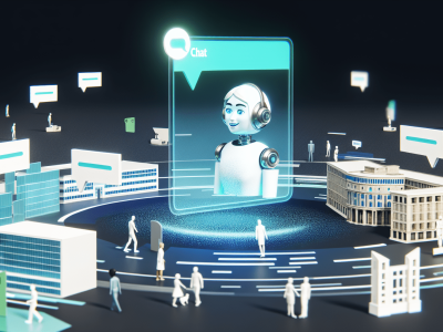 Interface futurista do Chat GPT com assistente virtual em prédios públicos interagindo com cidadãos