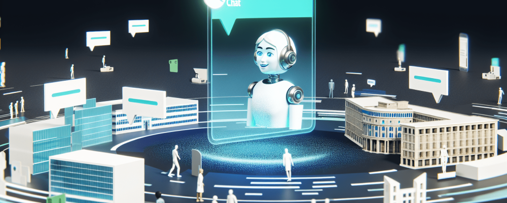Interface futurista do Chat GPT com assistente virtual em prédios públicos interagindo com cidadãos