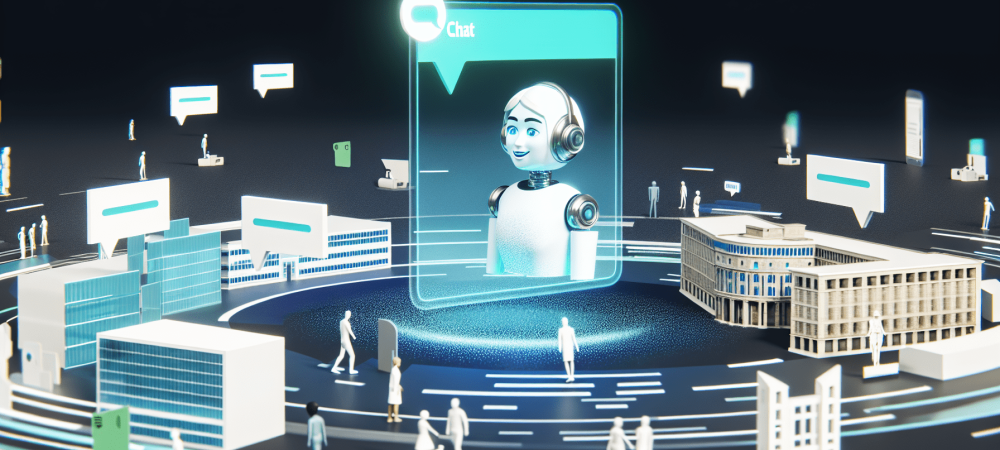 Interface futurista do Chat GPT com assistente virtual em prédios públicos interagindo com cidadãos