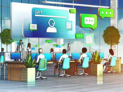 Servidores públicos em um escritório moderno interagindo com assistente virtual Chat GPT, destacando eficiência e inovação.