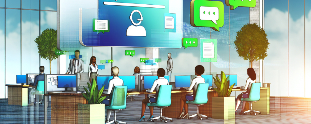Servidores públicos em um escritório moderno interagindo com assistente virtual Chat GPT, destacando eficiência e inovação.