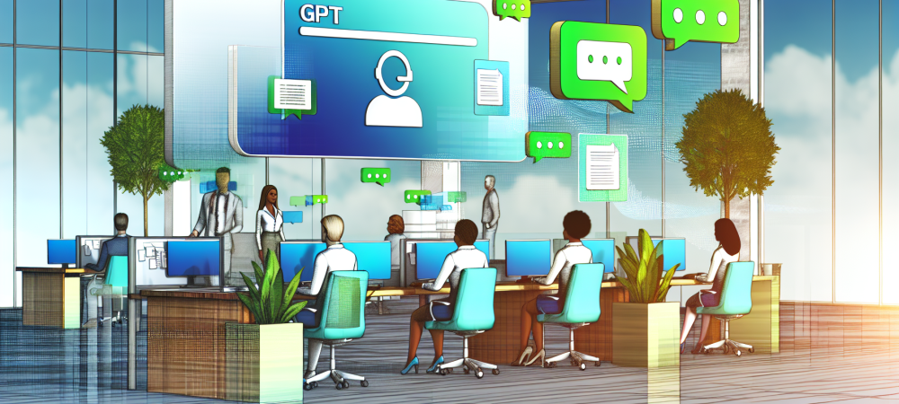 Servidores públicos em um escritório moderno interagindo com assistente virtual Chat GPT, destacando eficiência e inovação.