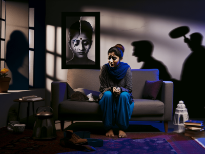 Mulher em sala escura, cercada por sombras simbolizando o ciclo da violência doméstica, com retrato quebrado e desordem visível.