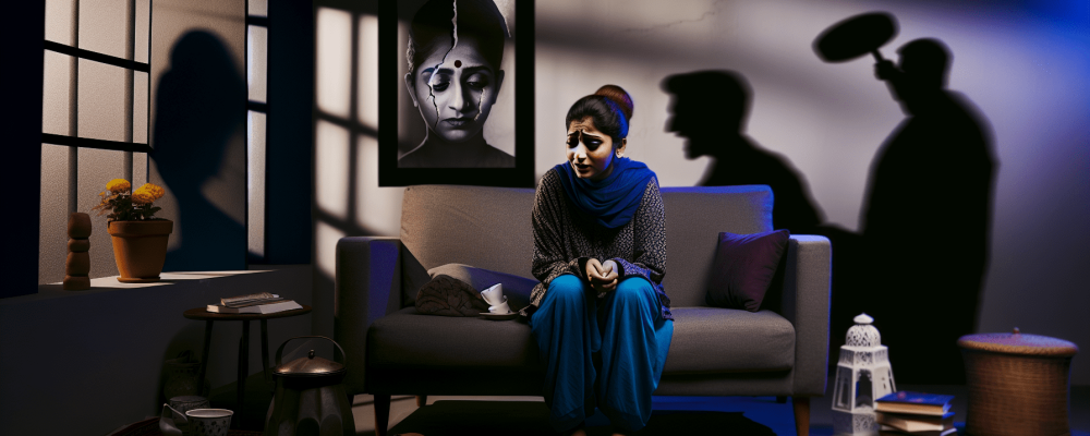 Mulher em sala escura, cercada por sombras simbolizando o ciclo da violência doméstica, com retrato quebrado e desordem visível.