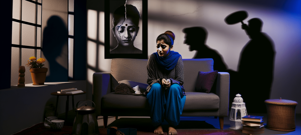 Mulher em sala escura, cercada por sombras simbolizando o ciclo da violência doméstica, com retrato quebrado e desordem visível.