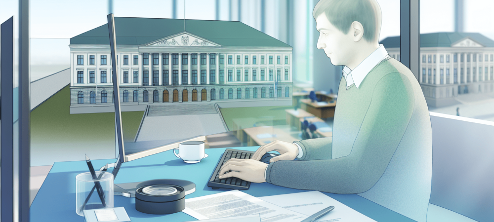 Cidadão escrevendo pedido de informação governamental com computador, representando a participação ativa através da Lei de Acesso à Informação.