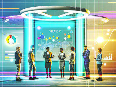 Profissionais discutem estratégias em um painel digital em ambiente de gestão pública moderna, destacando planejamento estratégico.