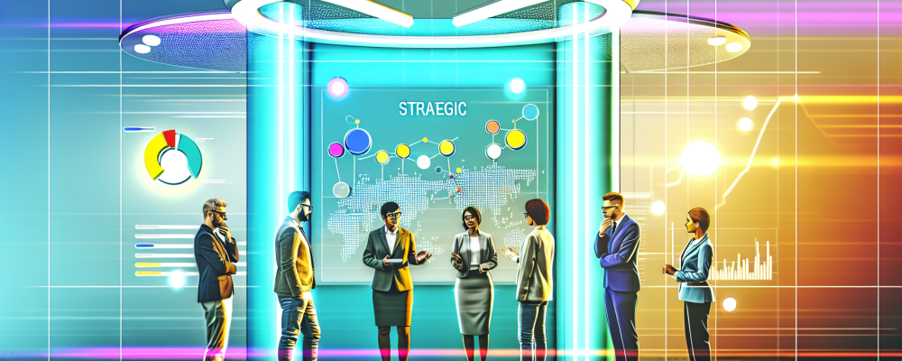 Profissionais discutem estratégias em um painel digital em ambiente de gestão pública moderna, destacando planejamento estratégico.