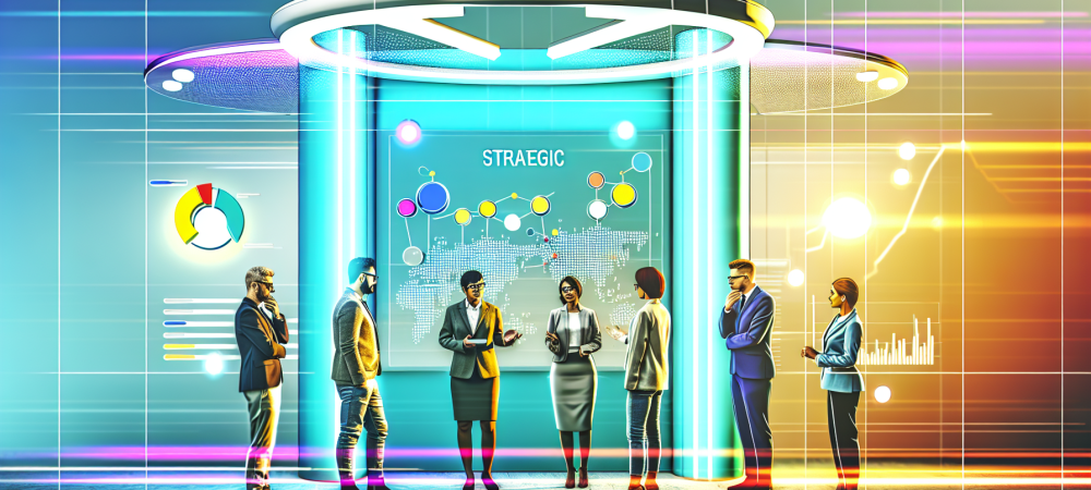 Profissionais discutem estratégias em um painel digital em ambiente de gestão pública moderna, destacando planejamento estratégico.