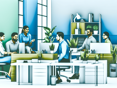 Ambiente de trabalho moderno no setor público com servidores discutindo ideias em torno de mesas organizadas, destacando administração de materiais