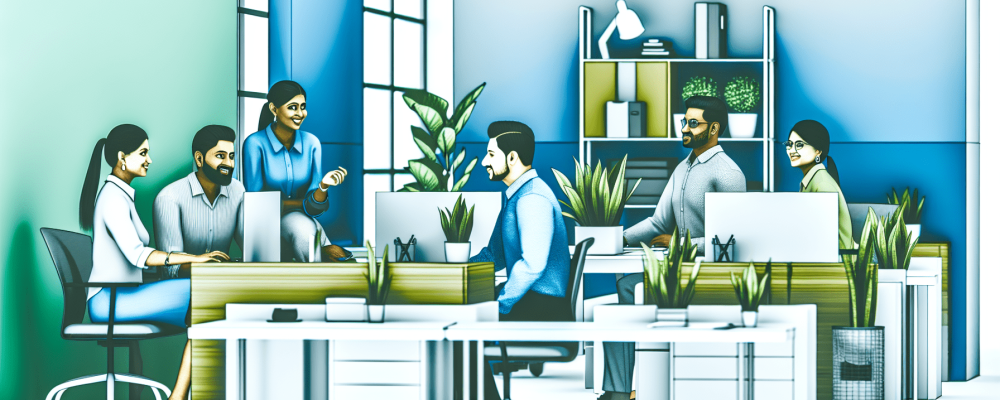 Ambiente de trabalho moderno no setor público com servidores discutindo ideias em torno de mesas organizadas, destacando administração de materiais