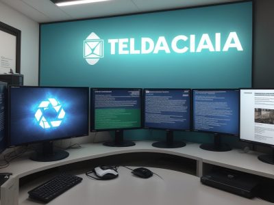 Funcionários em uma sala moderna de administração pública colaborando em tecnologia da informação e análise de dados.