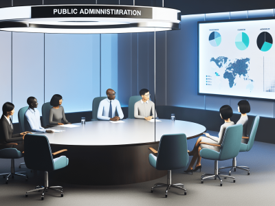 Sala moderna com mesa oval, discutindo controle da administração pública com gráficos de transparência nas paredes