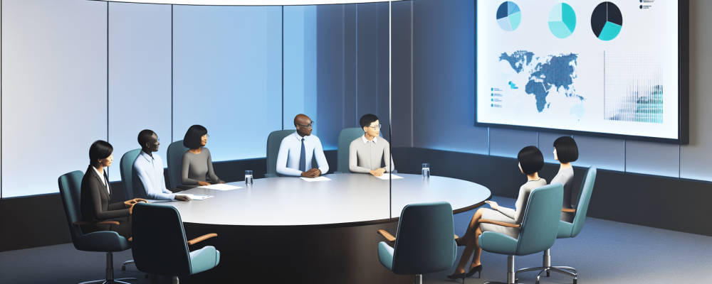 Sala moderna com mesa oval, discutindo controle da administração pública com gráficos de transparência nas paredes