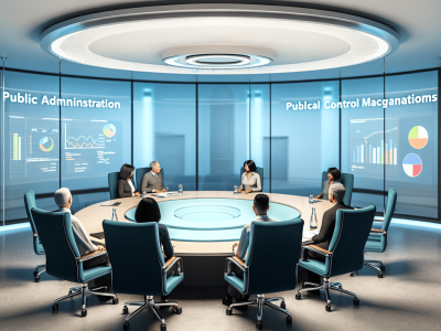Sala moderna com mesa oval, discutindo controle da administração pública com gráficos de transparência nas paredes