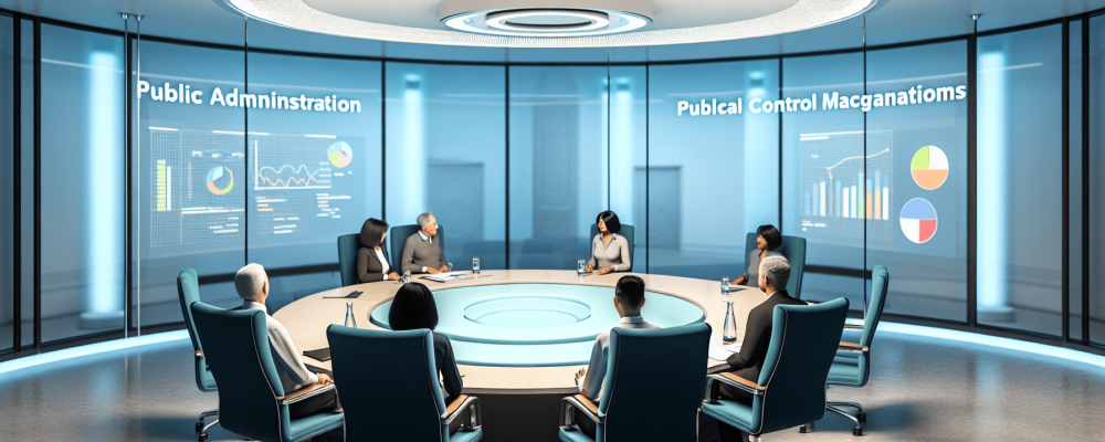 Sala moderna com mesa oval, discutindo controle da administração pública com gráficos de transparência nas paredes