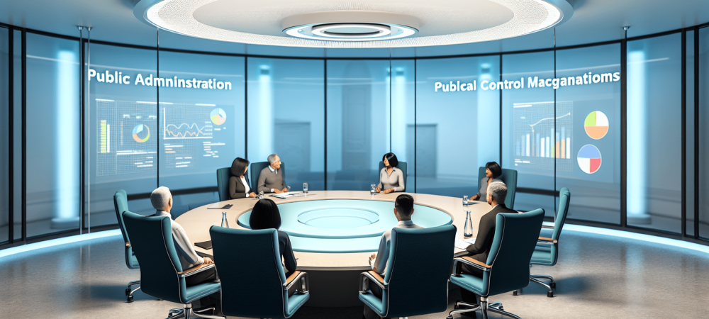 Sala moderna com mesa oval, discutindo controle da administração pública com gráficos de transparência nas paredes