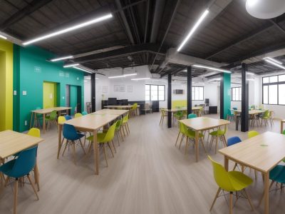 Profissionais colaborando em um espaço de coworking moderno com gráficos e notas adesivas, simbolizando o cooperativismo.