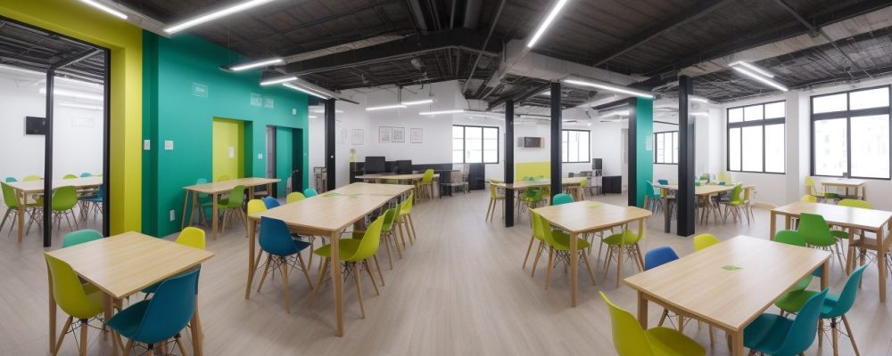 Profissionais colaborando em um espaço de coworking moderno com gráficos e notas adesivas, simbolizando o cooperativismo.
