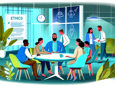 Profissionais interagindo de forma empática em escritório colaborativo com anotações sobre relações interpessoais.