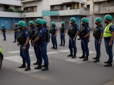 Policiais militar e guarda municipal interagindo com cidadãos em um ambiente seguro e comunitário.