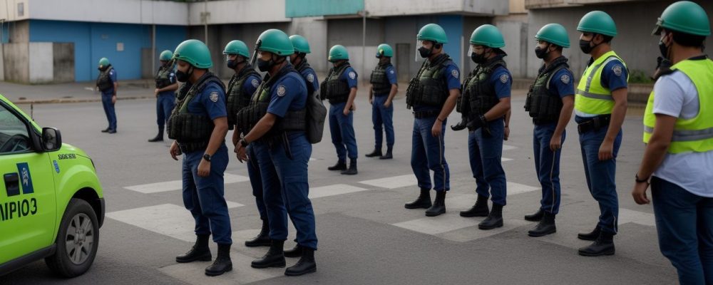 Policiais militar e guarda municipal interagindo com cidadãos em um ambiente seguro e comunitário.