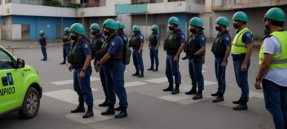 colaboracao-forcas-seguranca-comunidade.webp Policiais militar e guarda municipal interagindo com cidadãos em um ambiente seguro e comunitário.