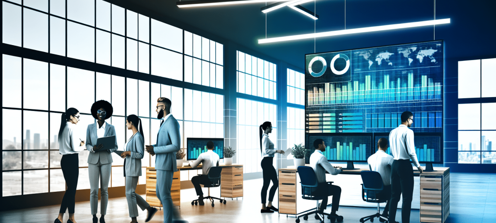 Equipe de servidores públicos colaborando em escritório moderno, discutindo gráficos de desempenho em tela grande.