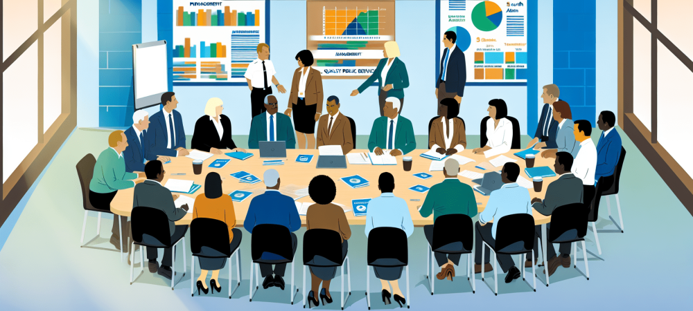 Grupo de servidores públicos em discussão de gestão de pessoas em ambiente iluminado com luz natural e gráficos de desempenho.