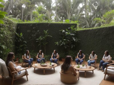 Ambiente de trabalho colaborativo com pessoas em mesas modernas, cercadas por plantas, simbolizando psicologia social.