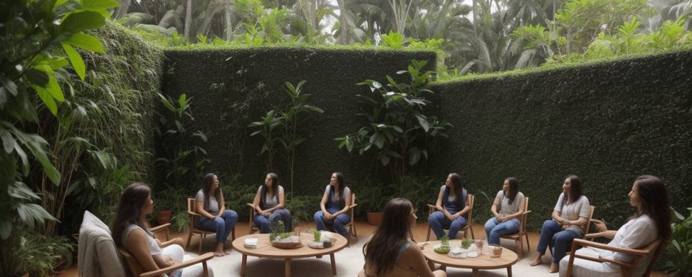 Ambiente de trabalho colaborativo com pessoas em mesas modernas, cercadas por plantas, simbolizando psicologia social.