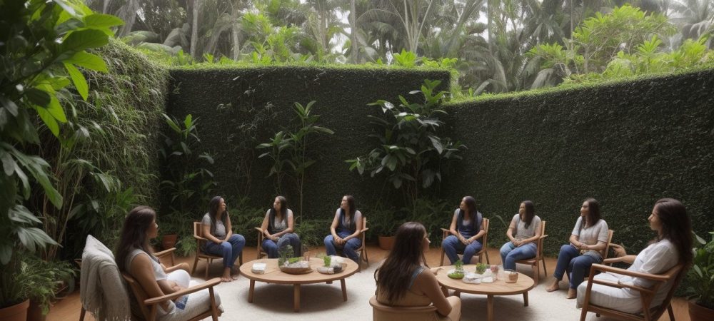 Ambiente de trabalho colaborativo com pessoas em mesas modernas, cercadas por plantas, simbolizando psicologia social.