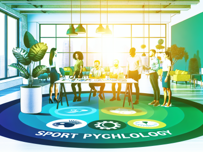 Ambiente de trabalho moderno com profissionais colaborando em psicologia do esporte, rodeados por luz natural e materiais motivacionais